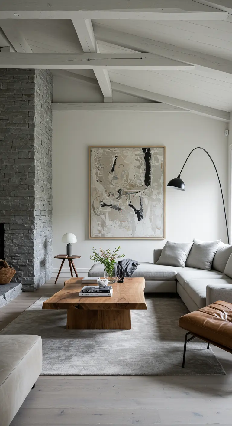 Salón de estilo nórdico con chimenea de piedra gris, sofá seccional y arte abstracto.