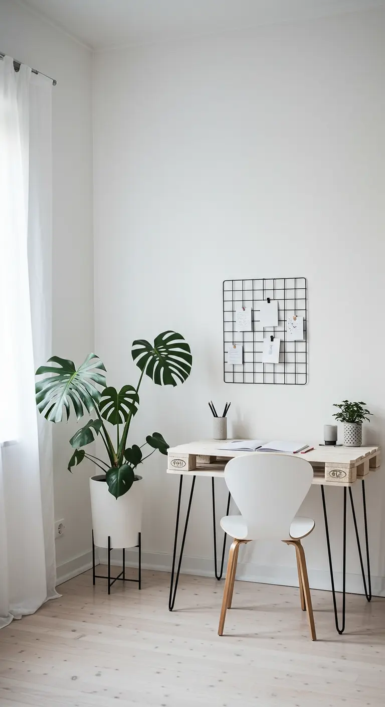 Escritorio minimalista hecho con un palet y patas de horquilla en un espacio blanco y luminoso.