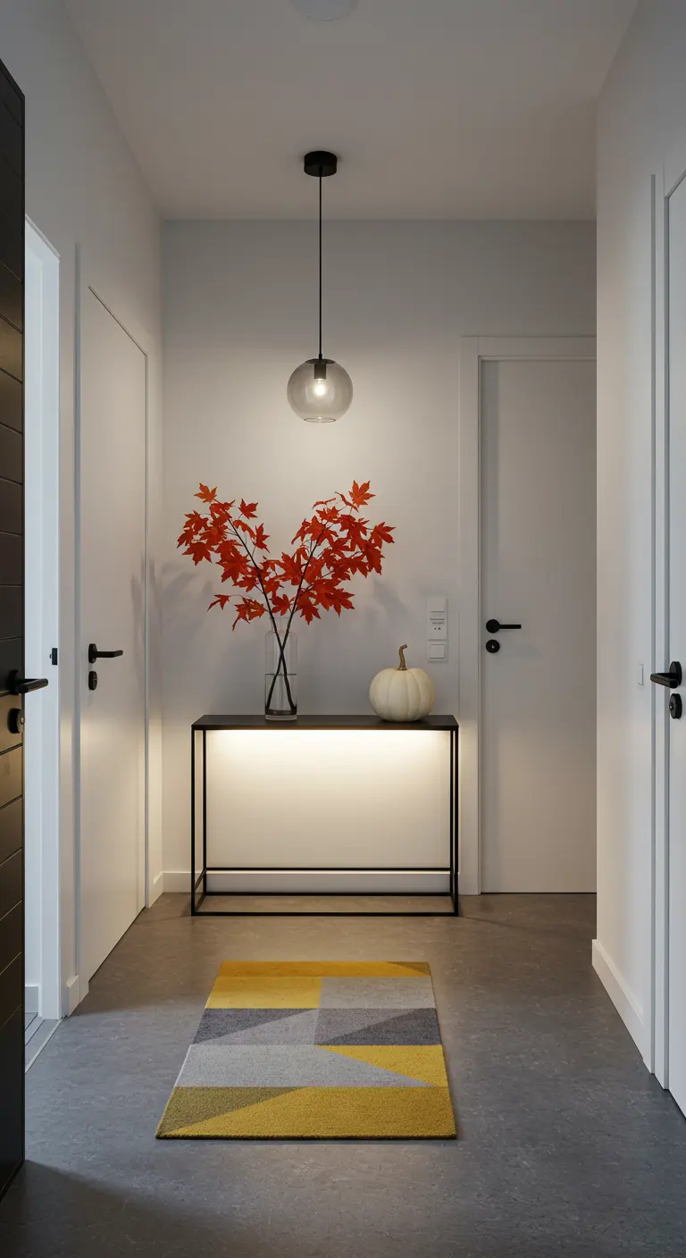 Recibidor minimalista con una consola negra iluminada, una calabaza blanca y un jarrón con hojas rojas.