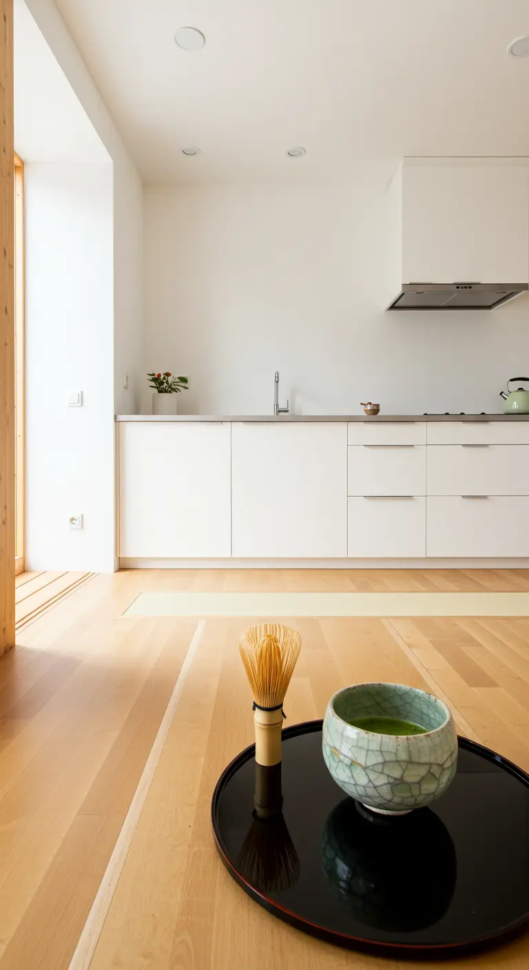 Cocina ultra minimalista blanca con un juego de té matcha en primer plano sobre el suelo de madera.