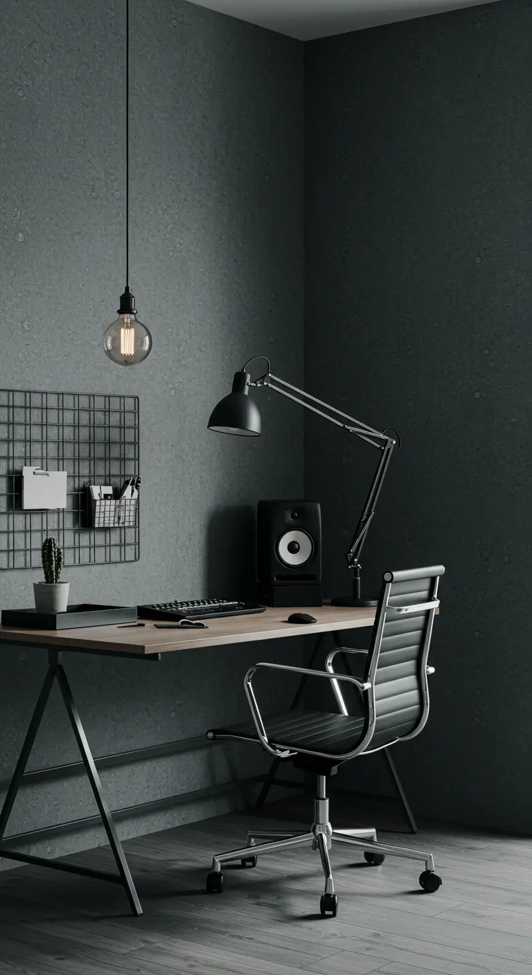 Oficina minimalista con pared de hormigón, escritorio de metal y silla ergonómica.