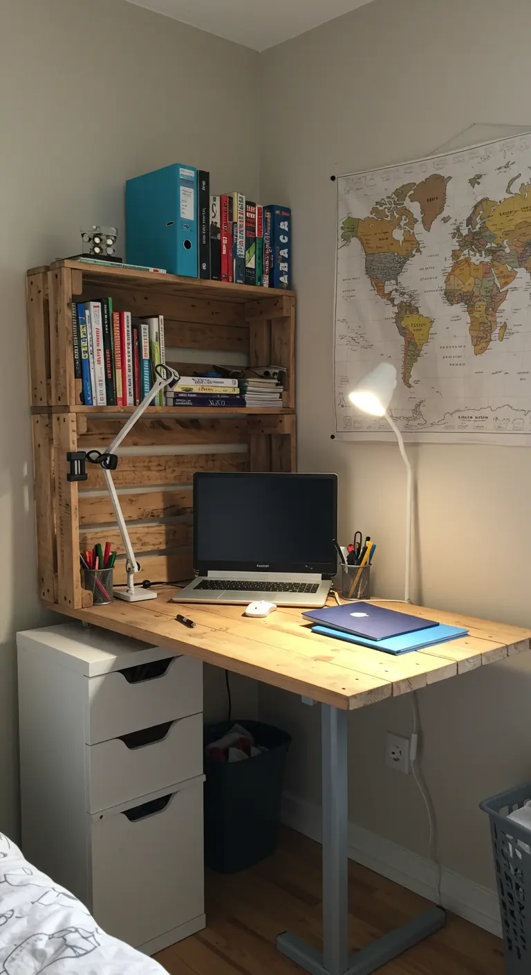Pequeño espacio de estudio con escritorio de palet, estanterías de cajas de madera y un mapa del mundo.