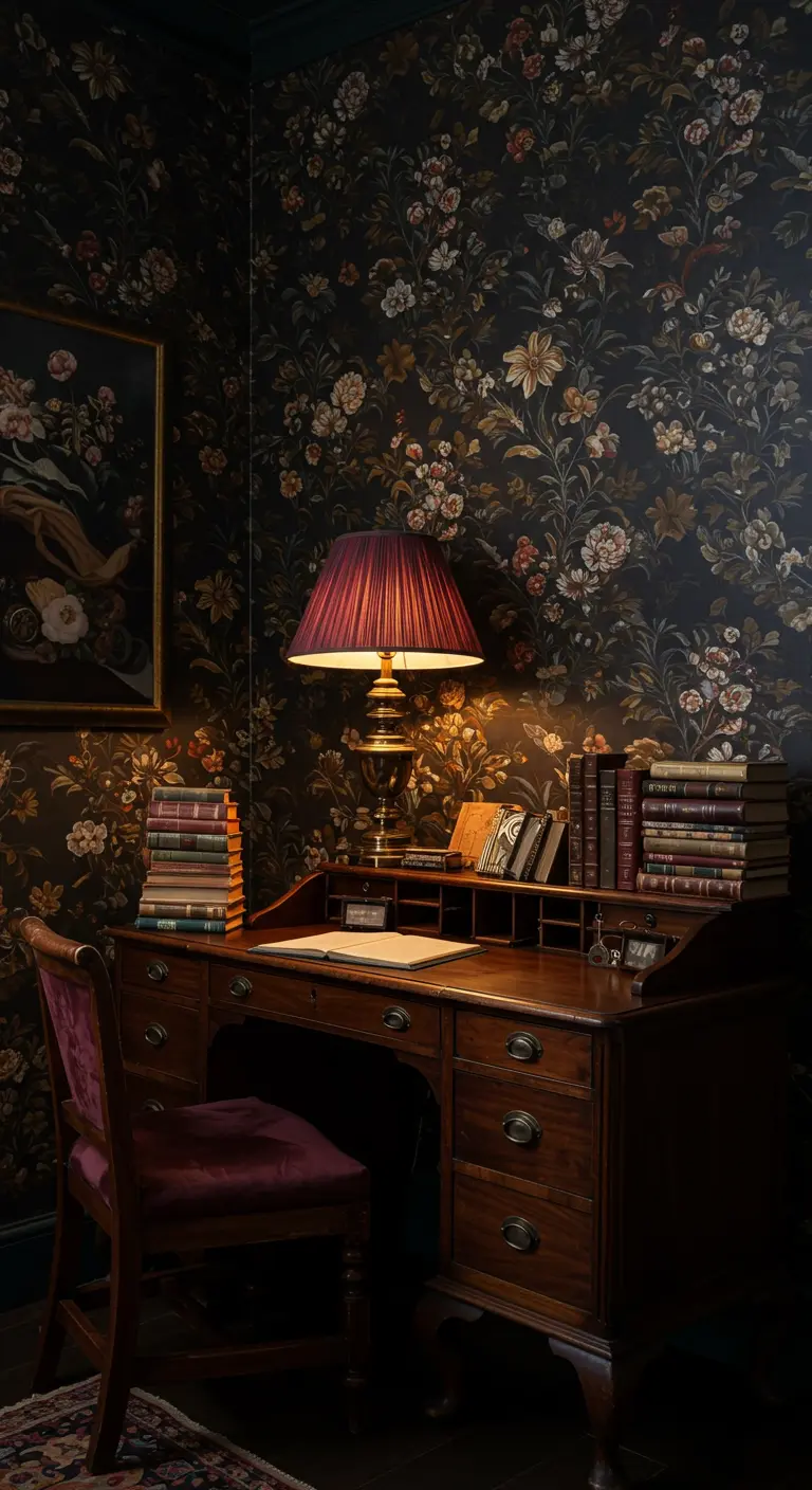 Escritorio antiguo en un rincón oscuro con papel pintado de flores y lámpara cálida.