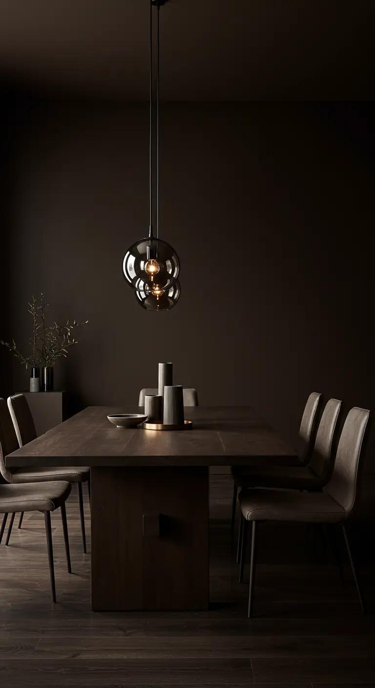 Comedor oscuro y elegante en tonos marrón chocolate con iluminación ambiental.