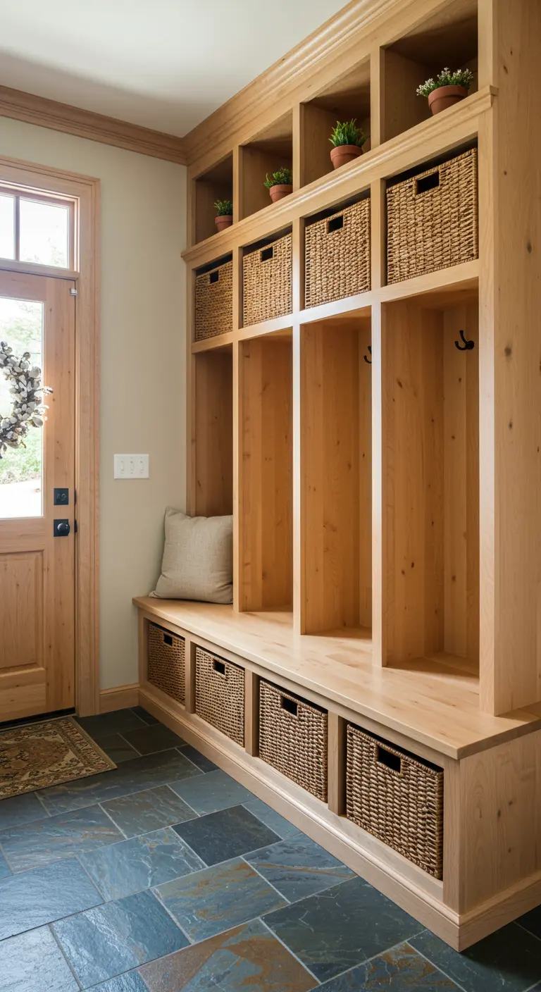 Mueble de entrada modular de madera clara con cubículos, ganchos y cestas de mimbre