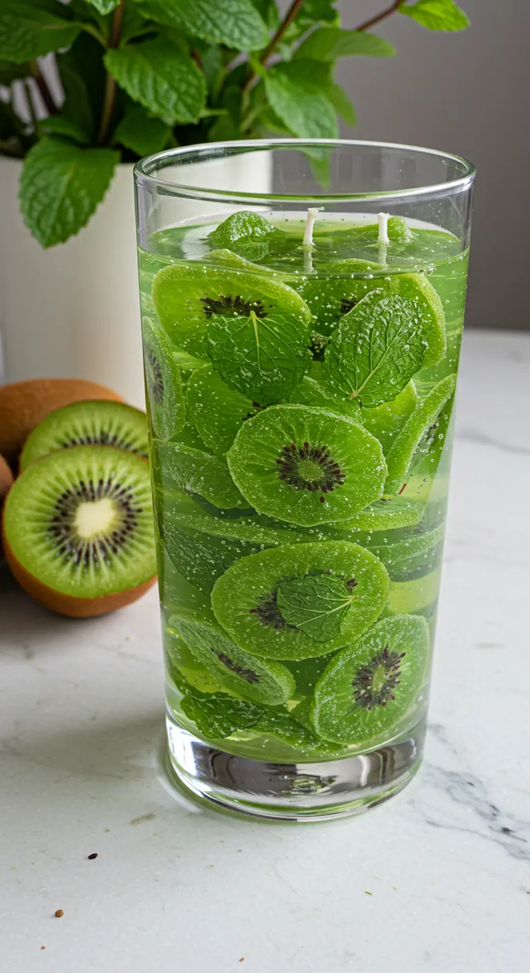 Vela alta de gel transparente con rodajas de kiwi y hojas de menta suspendidas.