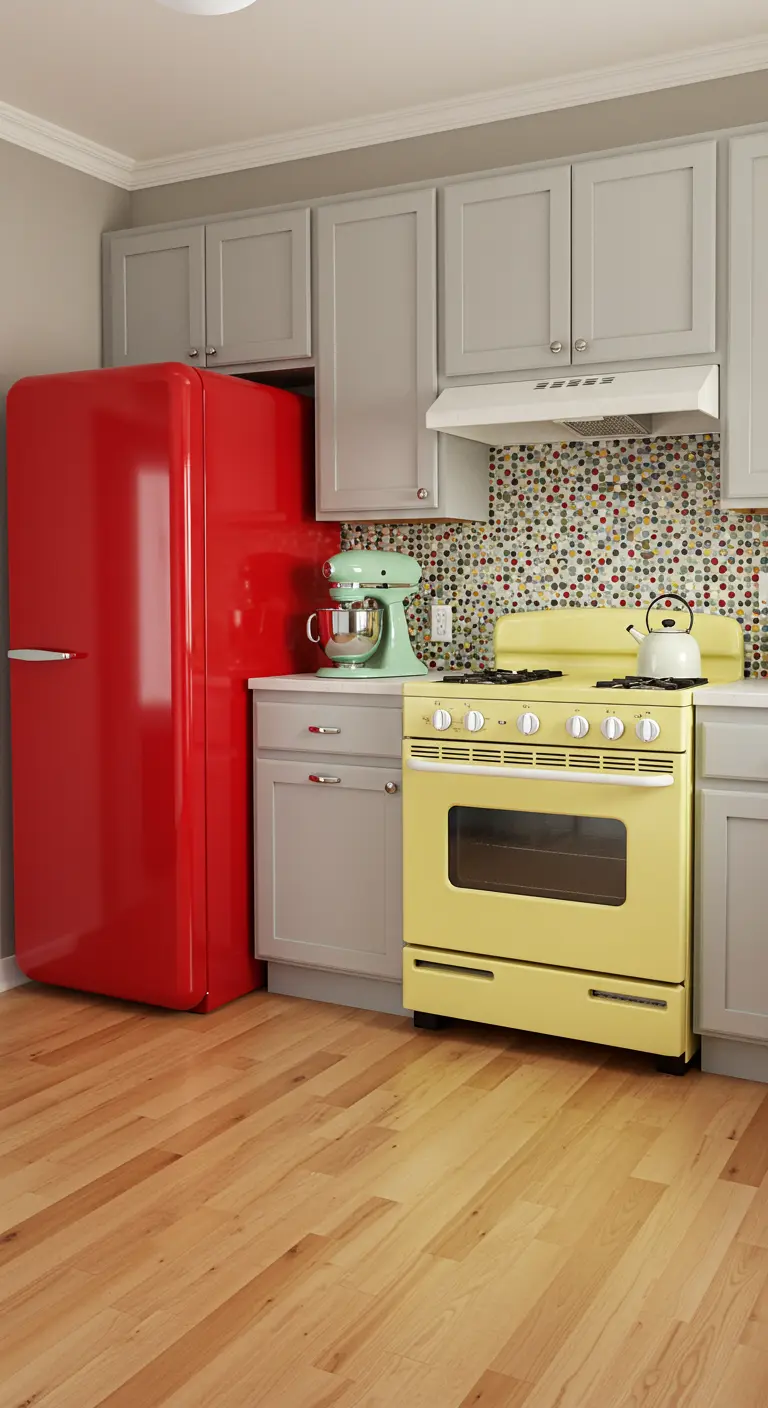 Cocina retro con frigorífico rojo, cocina amarilla, armarios grises y salpicadero de mosaico.