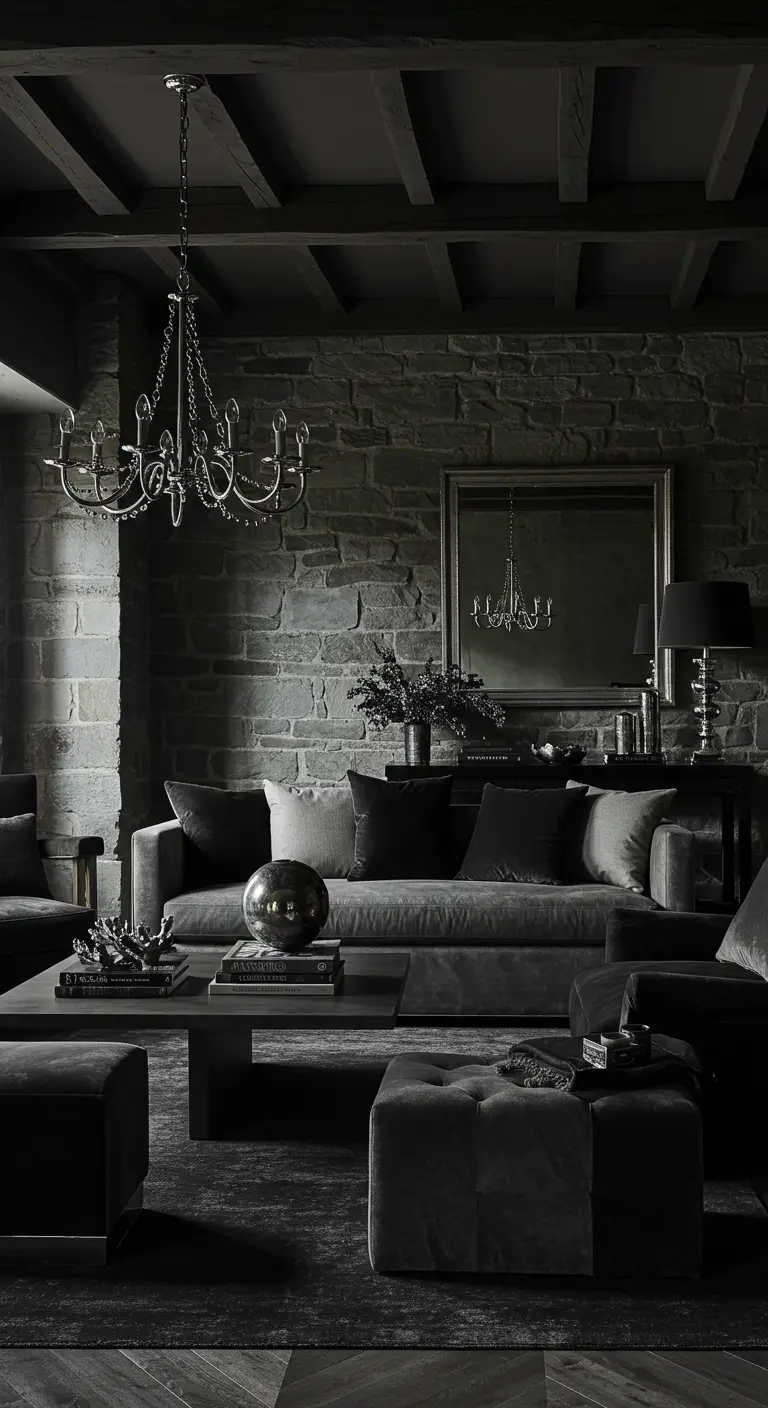 Salón monocromático en tonos grises con pared de piedra, sofá de terciopelo y detalles metálicos.