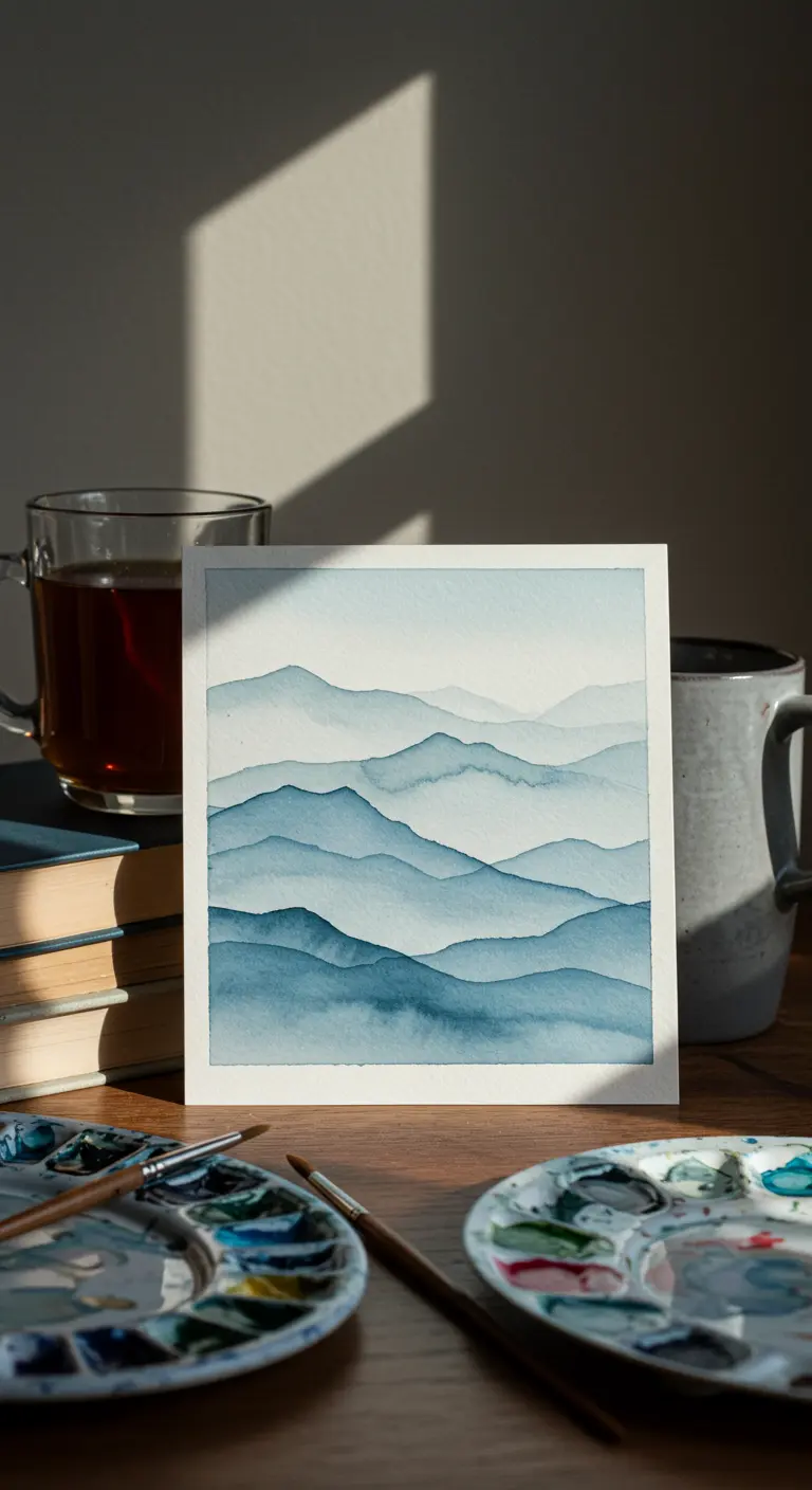 Pintura de acuarela de un paisaje de montañas en capas de diferentes tonos de azul.