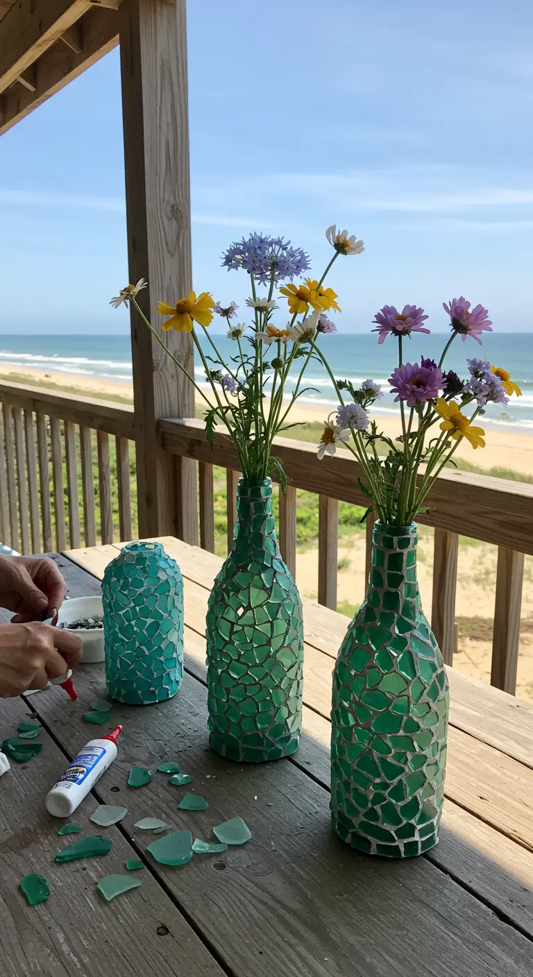 Creando un florero de mosaico pegando trozos de cristal de mar verde sobre una botella de vino.
