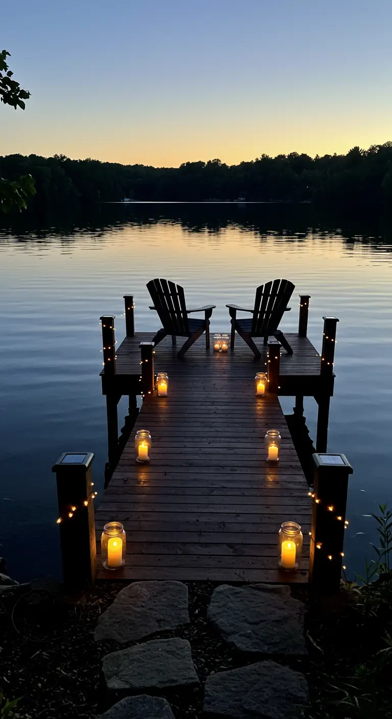 Muelle de madera sobre un lago al atardecer, con sillas y un camino de velas en tarros.