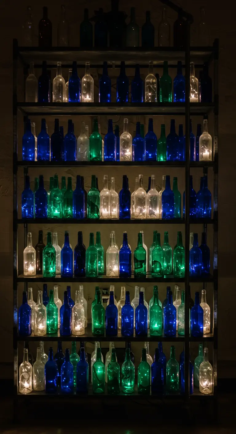 Estantería industrial llena de botellas de vidrio azules, verdes y transparentes con luces dentro.