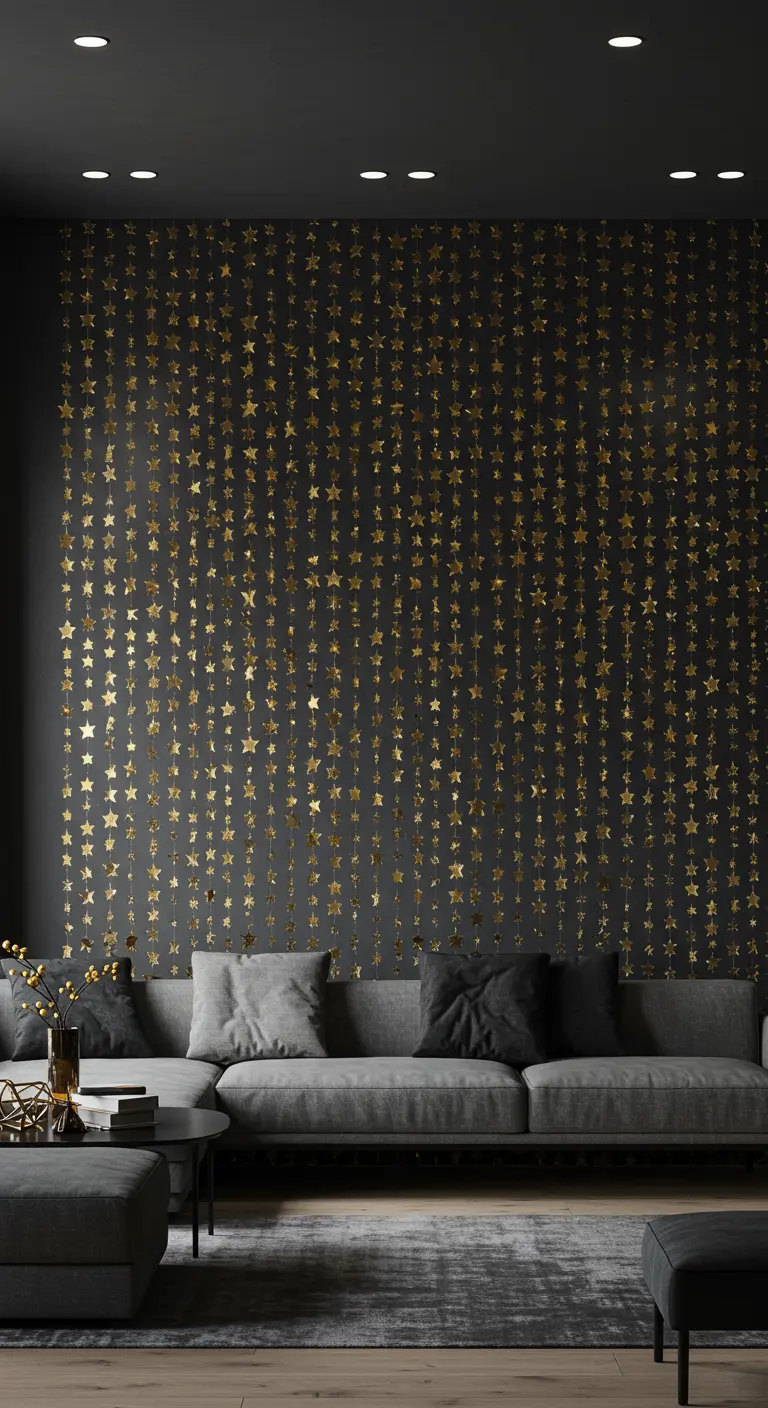 Pared de acento oscura completamente cubierta con cortinas de guirnaldas de estrellas doradas.