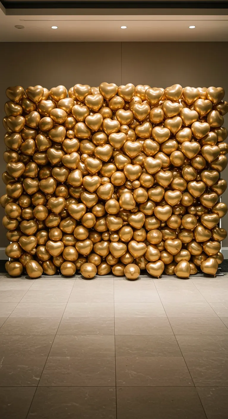 Pared completamente cubierta por globos dorados en forma de corazón de varios tamaños.