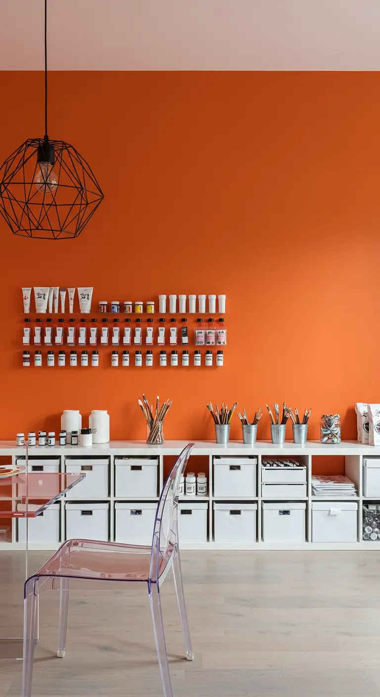 Estudio de arte con una impactante pared naranja y muebles de almacenamiento bajos y blancos.