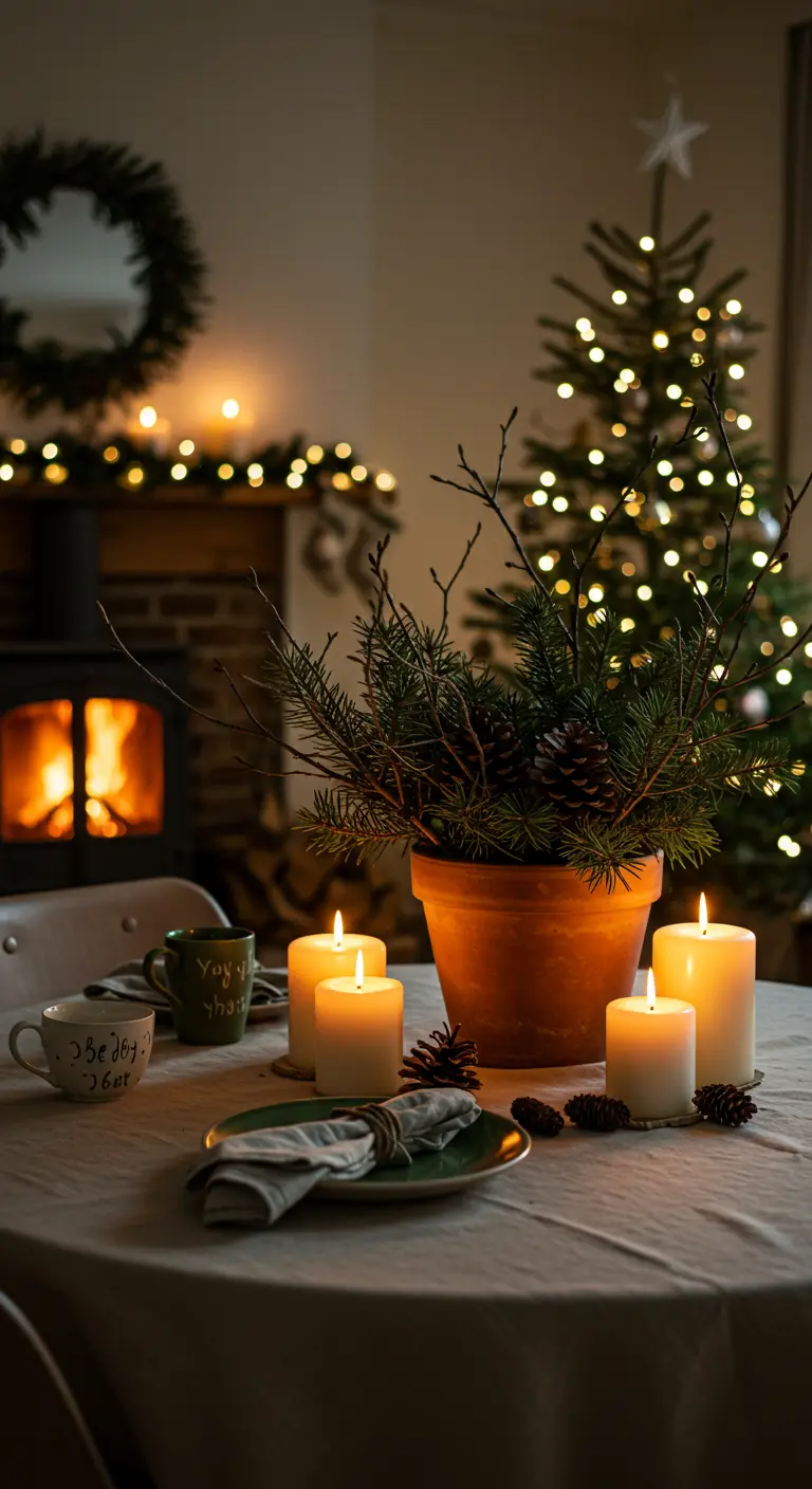 Centro de mesa navideño con pino y velas blancas junto a una chimenea.