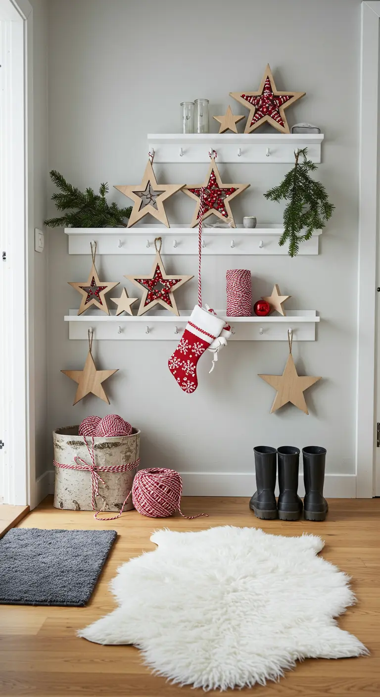Recibidor de estilo nórdico con estanterías blancas decoradas con estrellas de madera y adornos rojos.