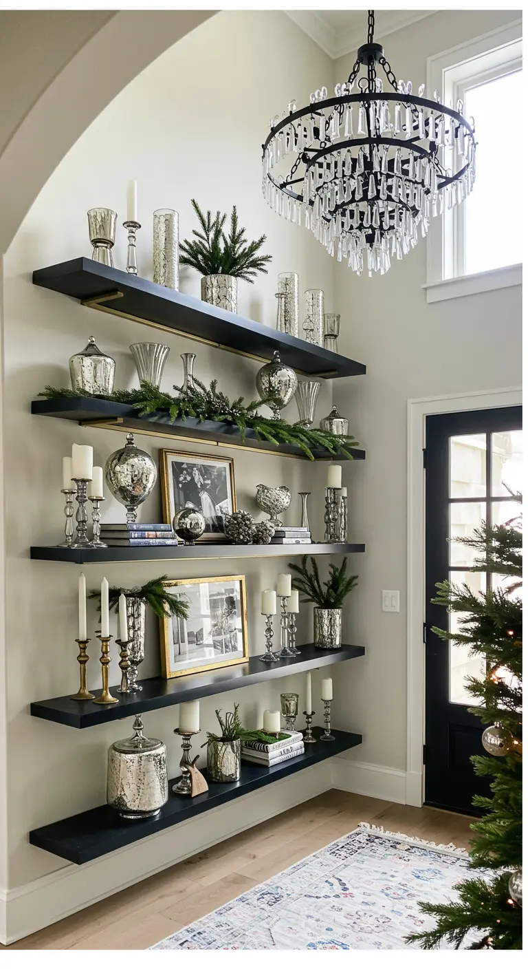 Recibidor con estanterías flotantes negras decoradas para Navidad con adornos plateados y velas.
