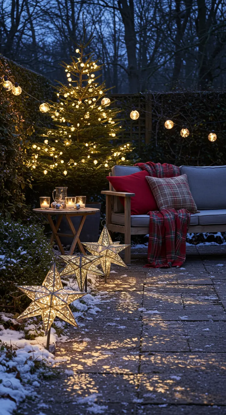 Patio nevado en Navidad con un sofá, manta de cuadros escoceses, un abeto iluminado y grandes estrellas de luz.