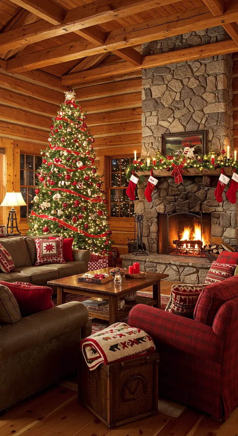 Acogedor salón rústico con árbol de Navidad, chimenea y textiles de tartán rojo.