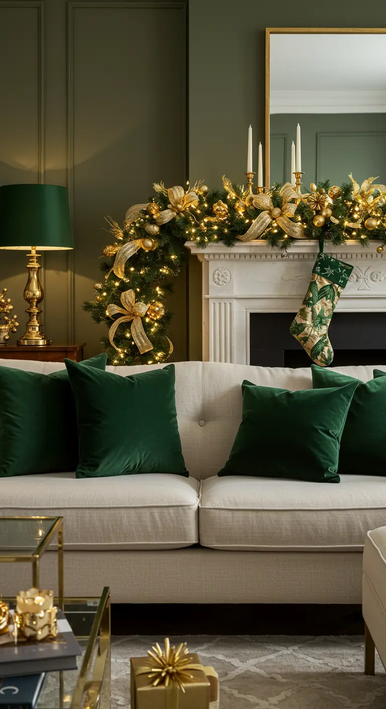 Elegante salón navideño con una guirnalda dorada y cojines de terciopelo verde esmeralda.