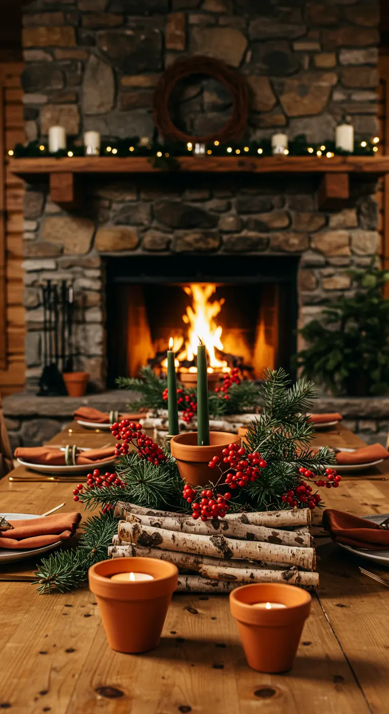 Centro de mesa navideño con troncos de abedul, bayas rojas y velas verdes.