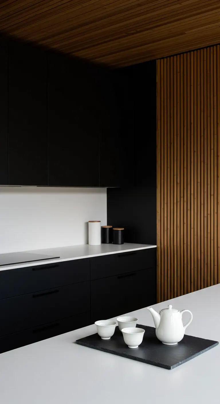 Cocina moderna en blanco y negro con una pared de listones de madera y un juego de té.