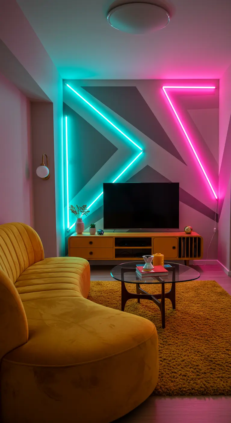 Pared de una sala de estar decorada con tubos de LED de neón flexibles en formas geométricas de color cian y magenta.