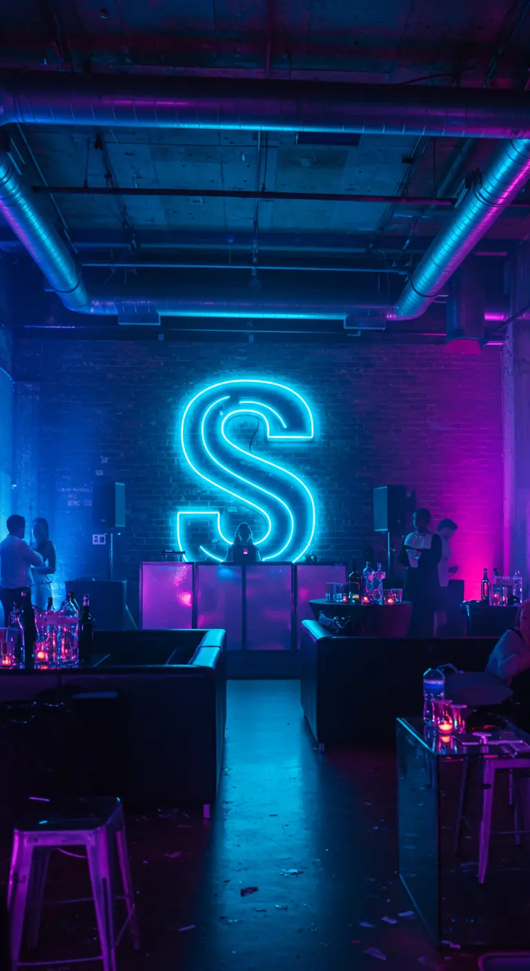 Letra 'S' de neón azul brillante en una discoteca con luz ambiental morada.