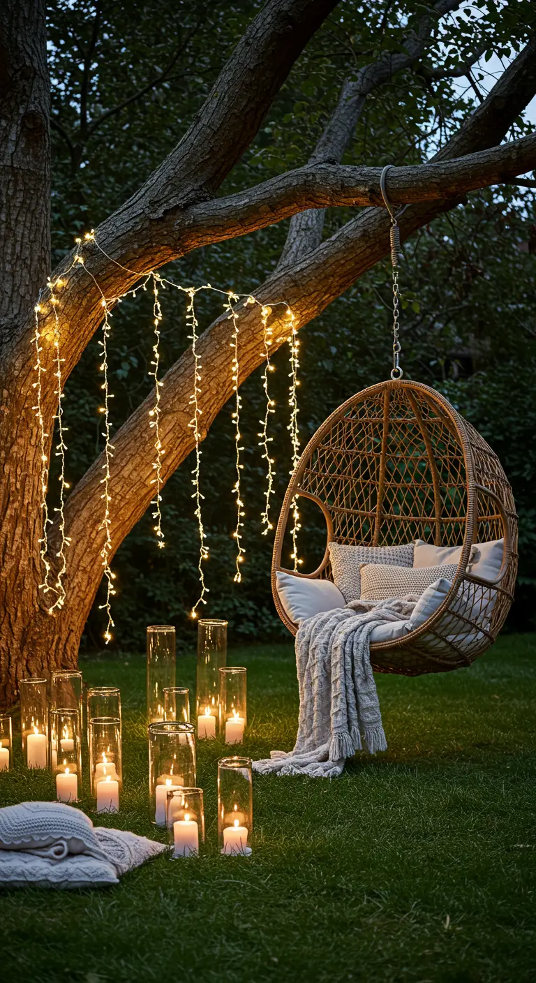 Silla colgante de mimbre bajo un árbol, con luces en cascada y velas en cilindros de cristal.