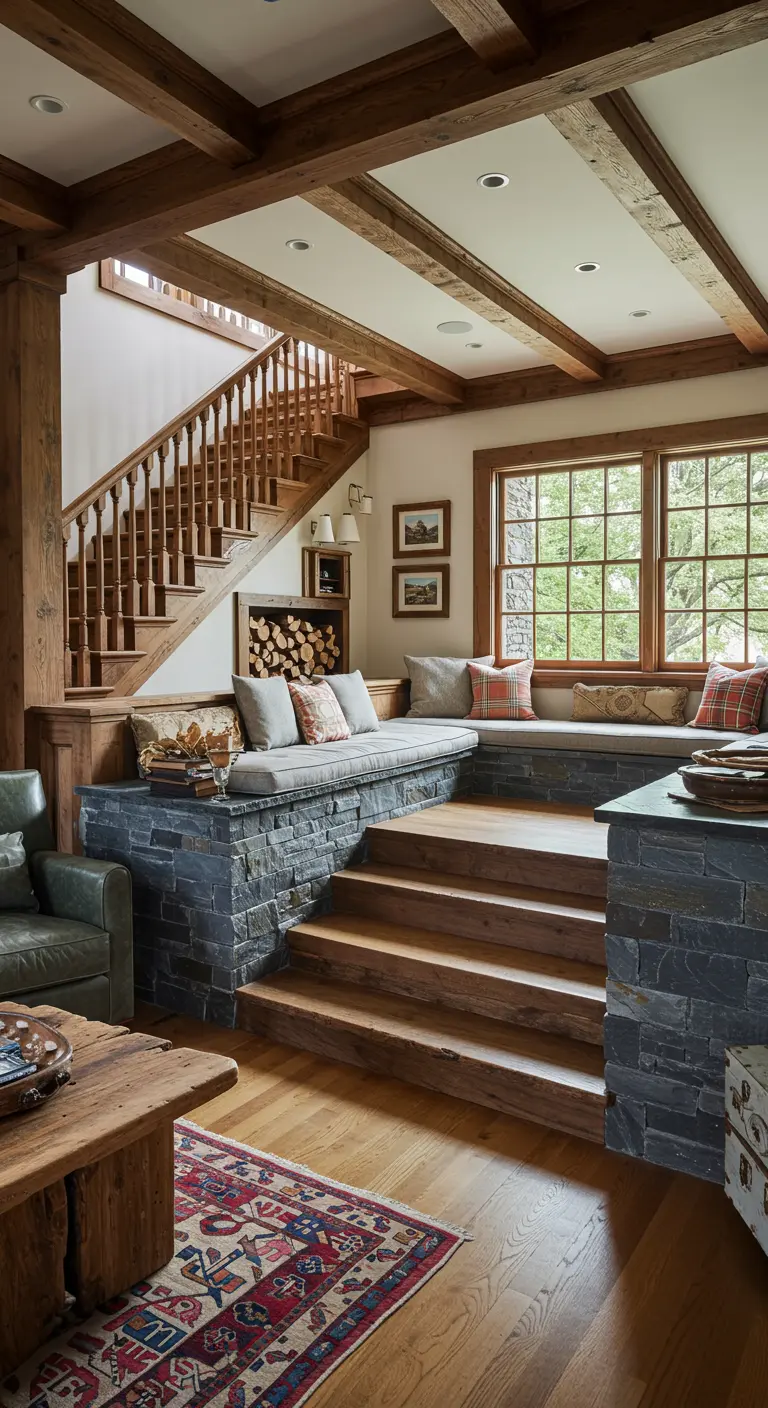 Salón en varios niveles con escaleras de madera y asientos de obra de piedra con cojines.