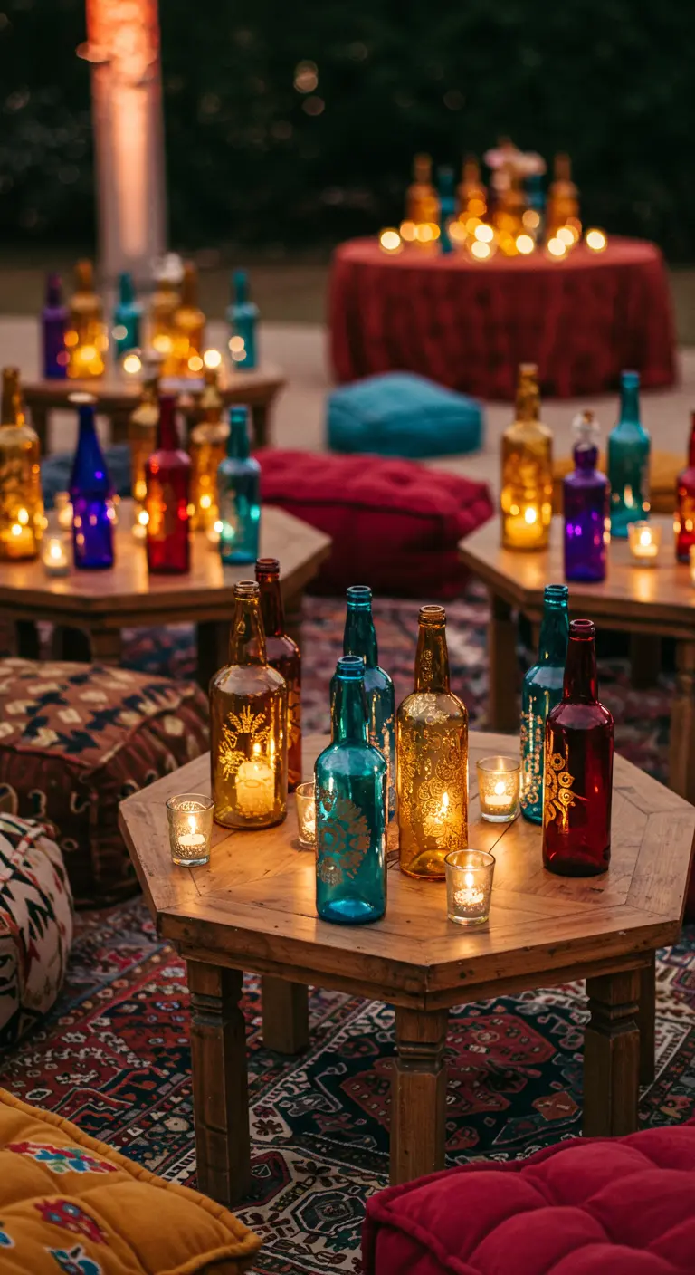 Escena de fiesta bohemia con mesas bajas, cojines y botellas de vidrio de colores con velas.