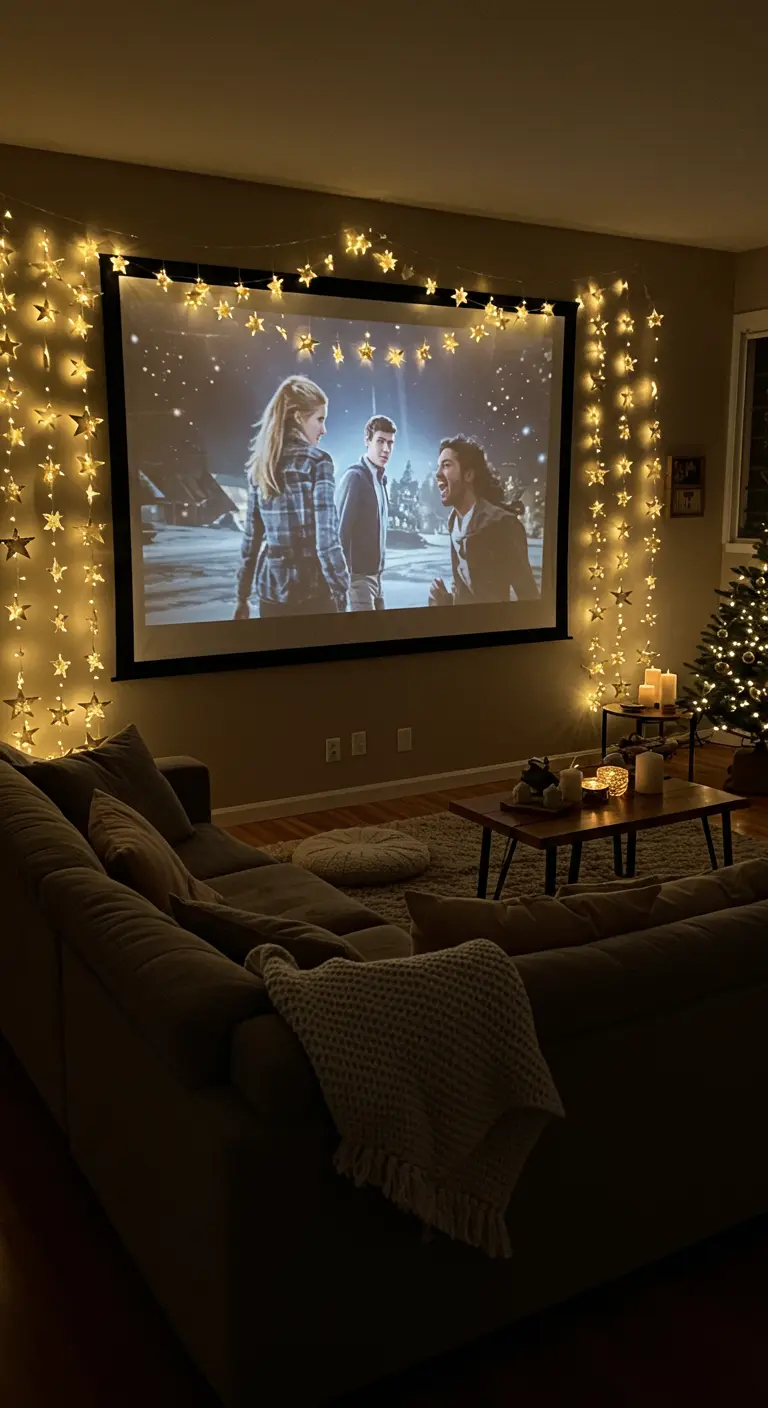 Pantalla de proyector en un salón acogedor, enmarcada con luces de estrellas.