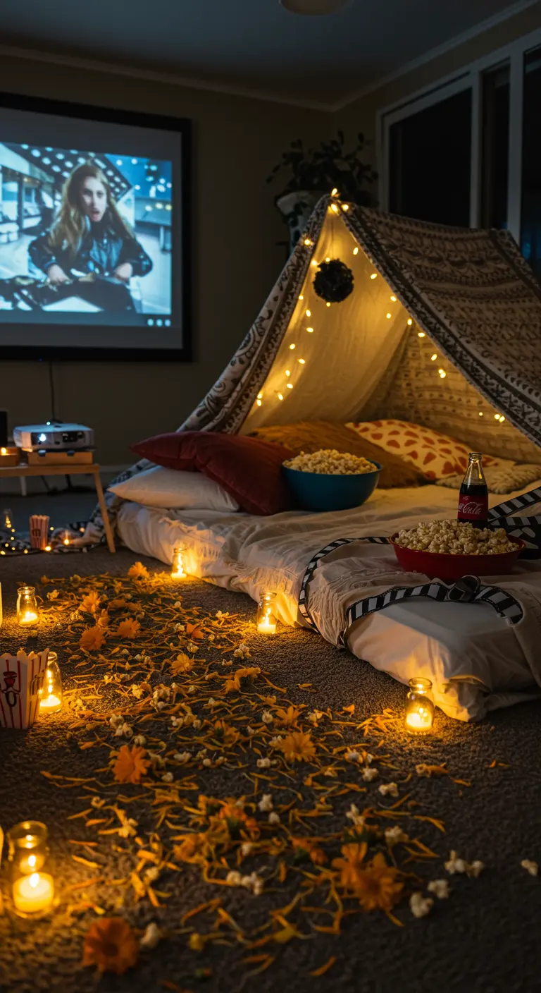 Un fuerte de mantas para ver una película, con el suelo cubierto de pétalos amarillos, palomitas y velas.