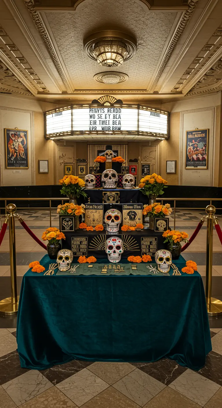 Ofrenda en el vestíbulo de un cine antiguo con un mantel de terciopelo.