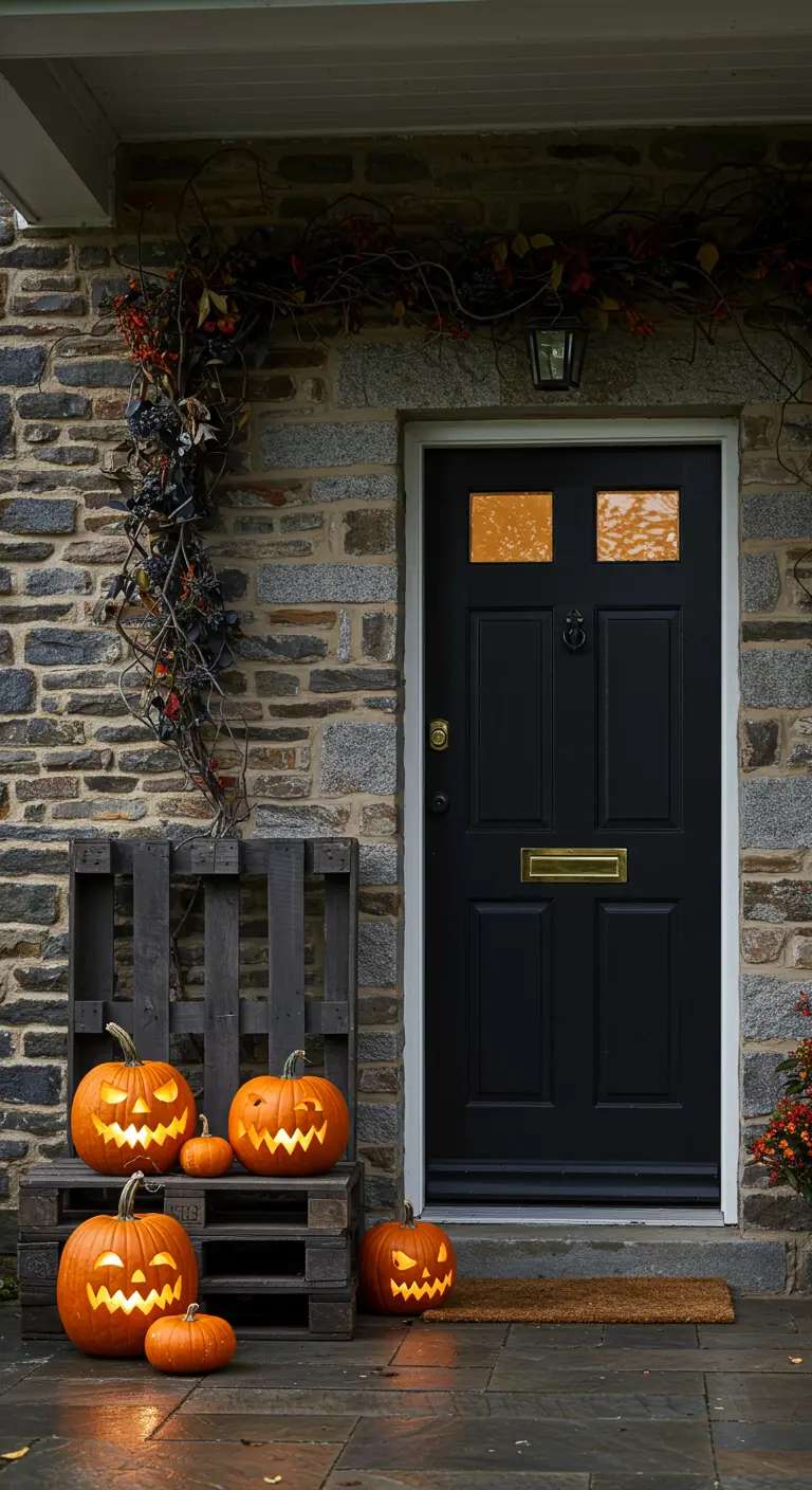 Palets oscuros apilados con calabazas de Halloween talladas e iluminadas desde dentro.