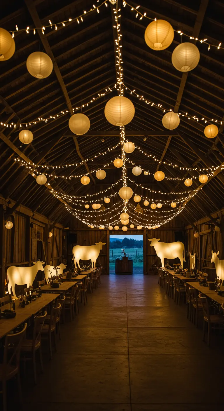 Interior de un granero por la noche, iluminado con guirnaldas y siluetas de vacas que brillan.