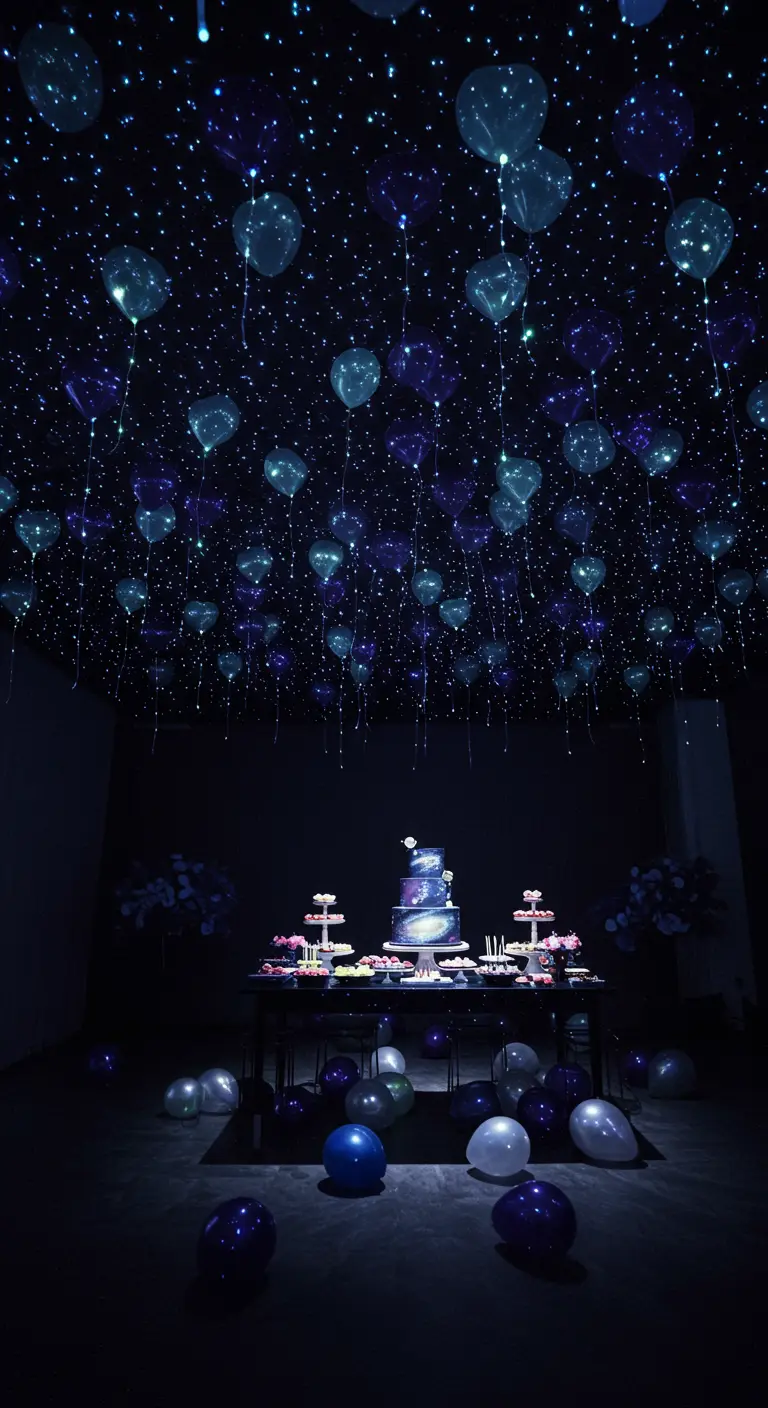 Techo lleno de globos de corazón transparentes con luces LED, creando un efecto de cielo estrellado.