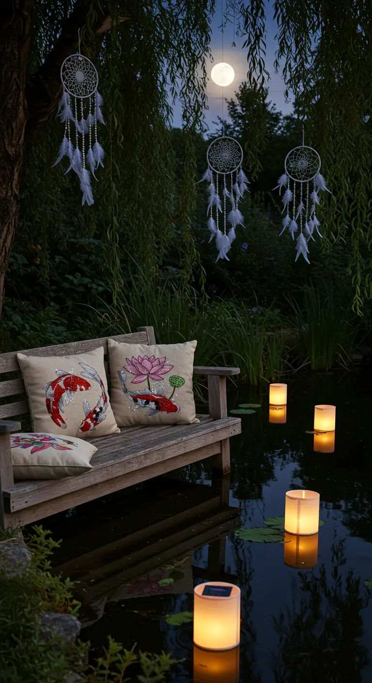 Banco junto a un estanque de noche, con cojines de peces koi, linternas flotantes y atrapasueños.