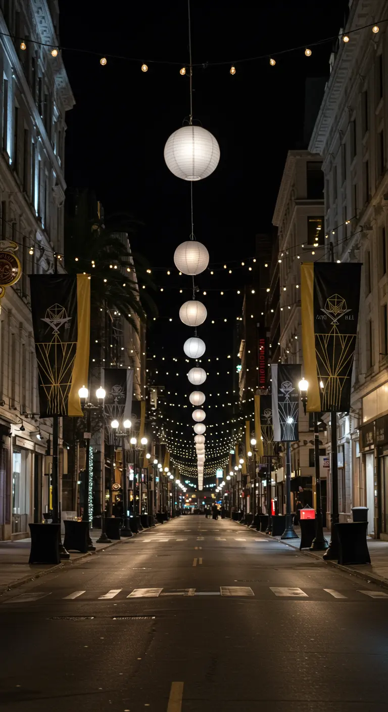Calle nocturna con una hilera de farolillos de papel blancos suspendidos en el centro.