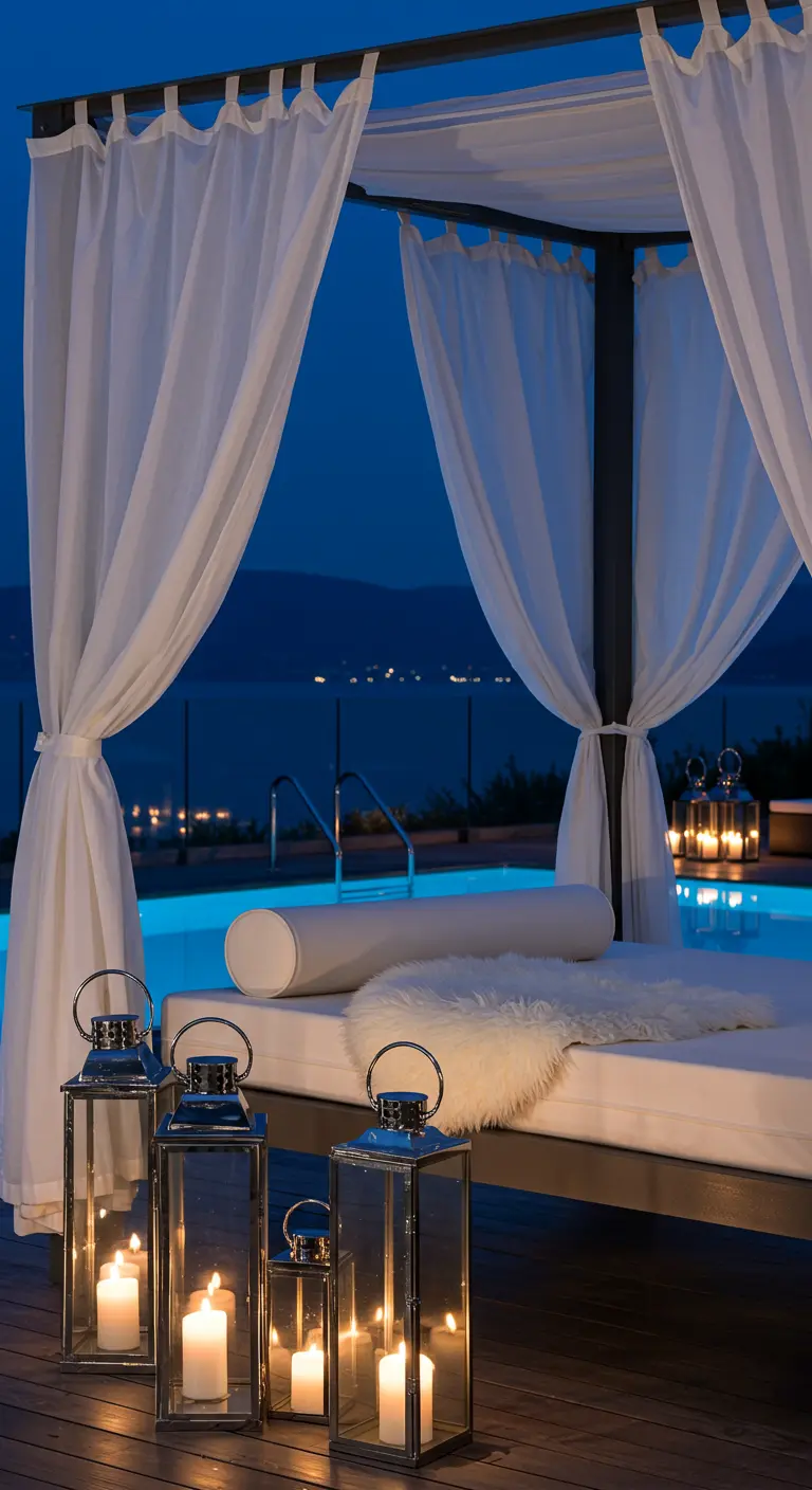 Zona de piscina de noche con una cama balinesa, cortinas blancas y faroles de acero inoxidable.