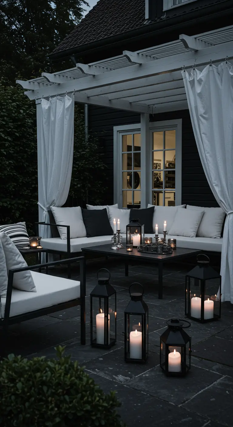 Patio con pérgola blanca y sofás negros, iluminado de noche con múltiples faroles y velas.