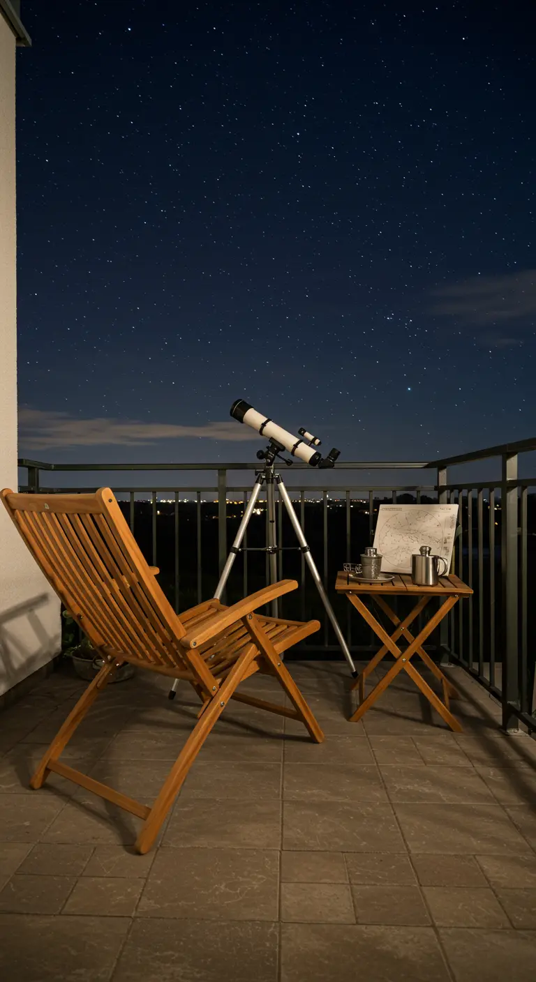 Tumbona de madera y un telescopio en un balcón por la noche, bajo un cielo estrellado.