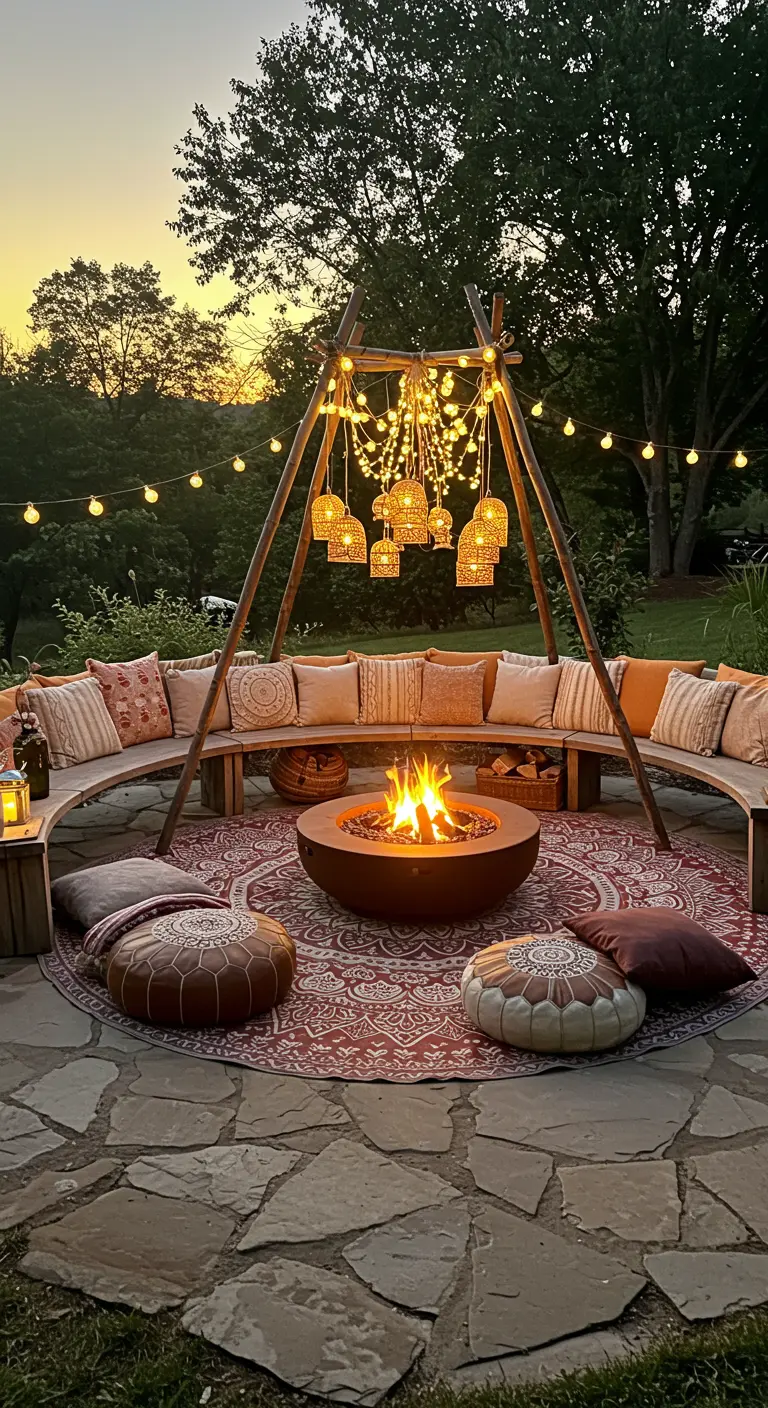 Zona de hoguera con banco curvo, estructura de tipi con luces y alfombra redonda en el suelo