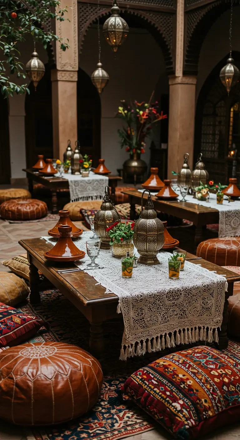 Mesa baja de estilo marroquí con camino de encaje, cojines y faroles.
