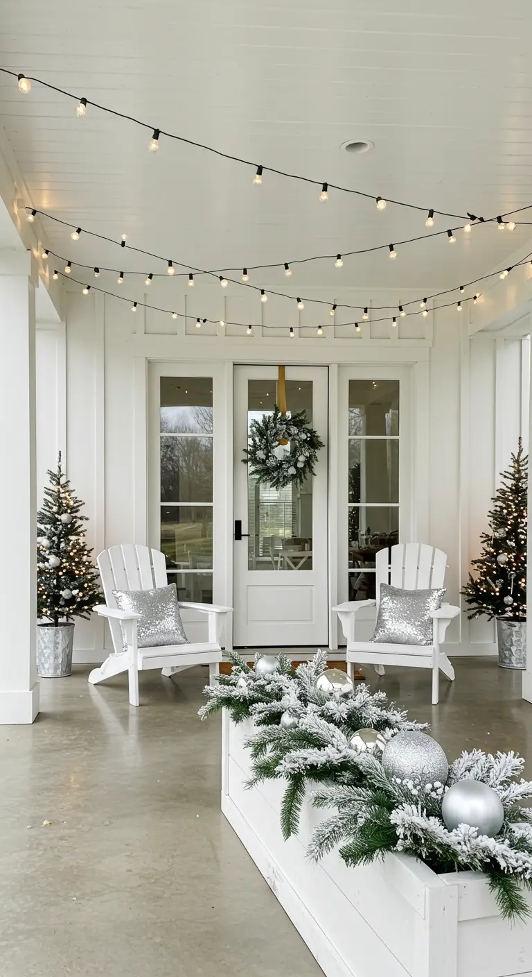 Porche blanco con sillas Adirondack, guirnaldas de luces y cojines plateados.