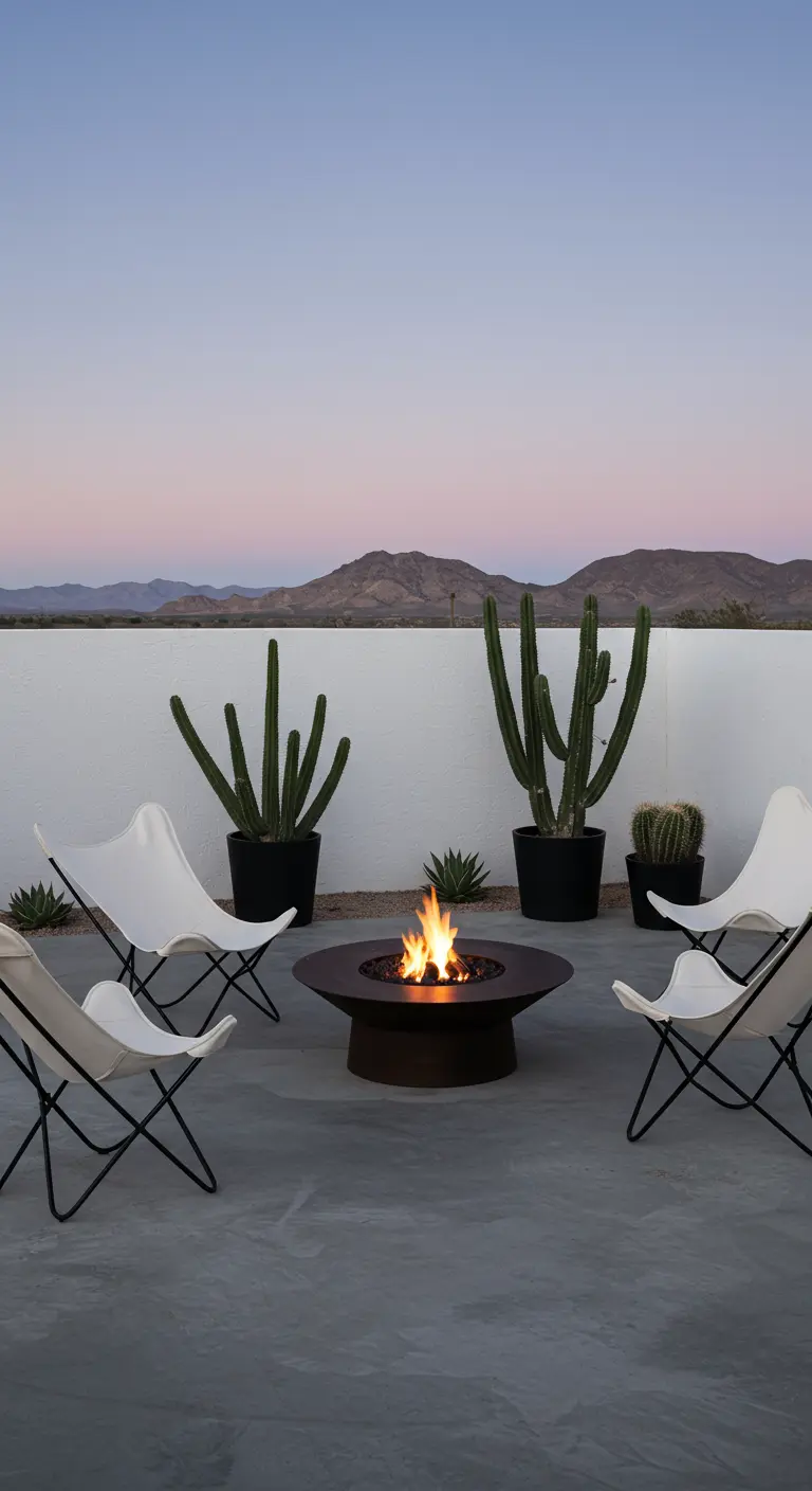 Patio desértico con sillas mariposa blancas, un fogón redondo y grandes cactus en macetas.