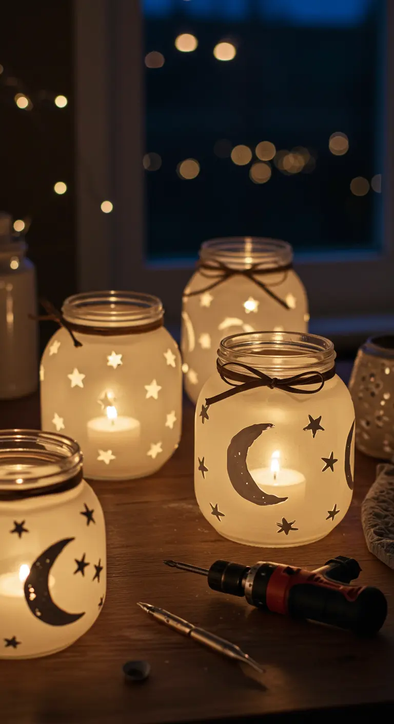 Frascos de vidrio esmerilado con lunas y estrellas recortadas, iluminados con velas en su interior.