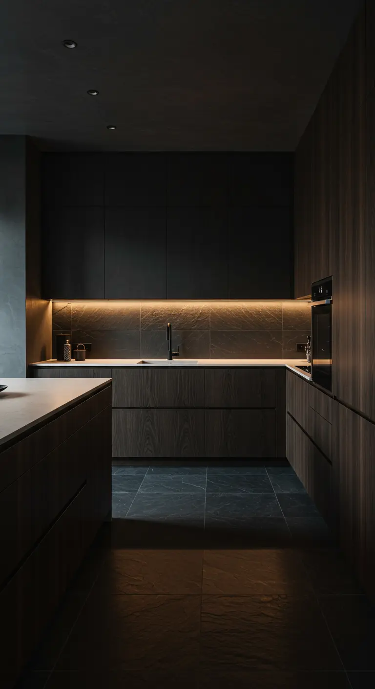 Cocina minimalista oscura con madera de nogal y una tira de luz LED cálida.