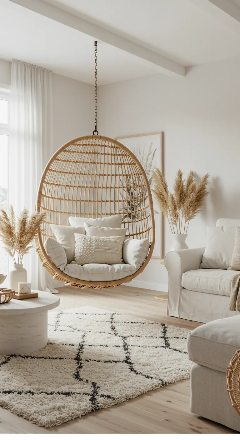 Sillón de ratán claro lleno de cojines blancos en un salón sereno y monocromático.